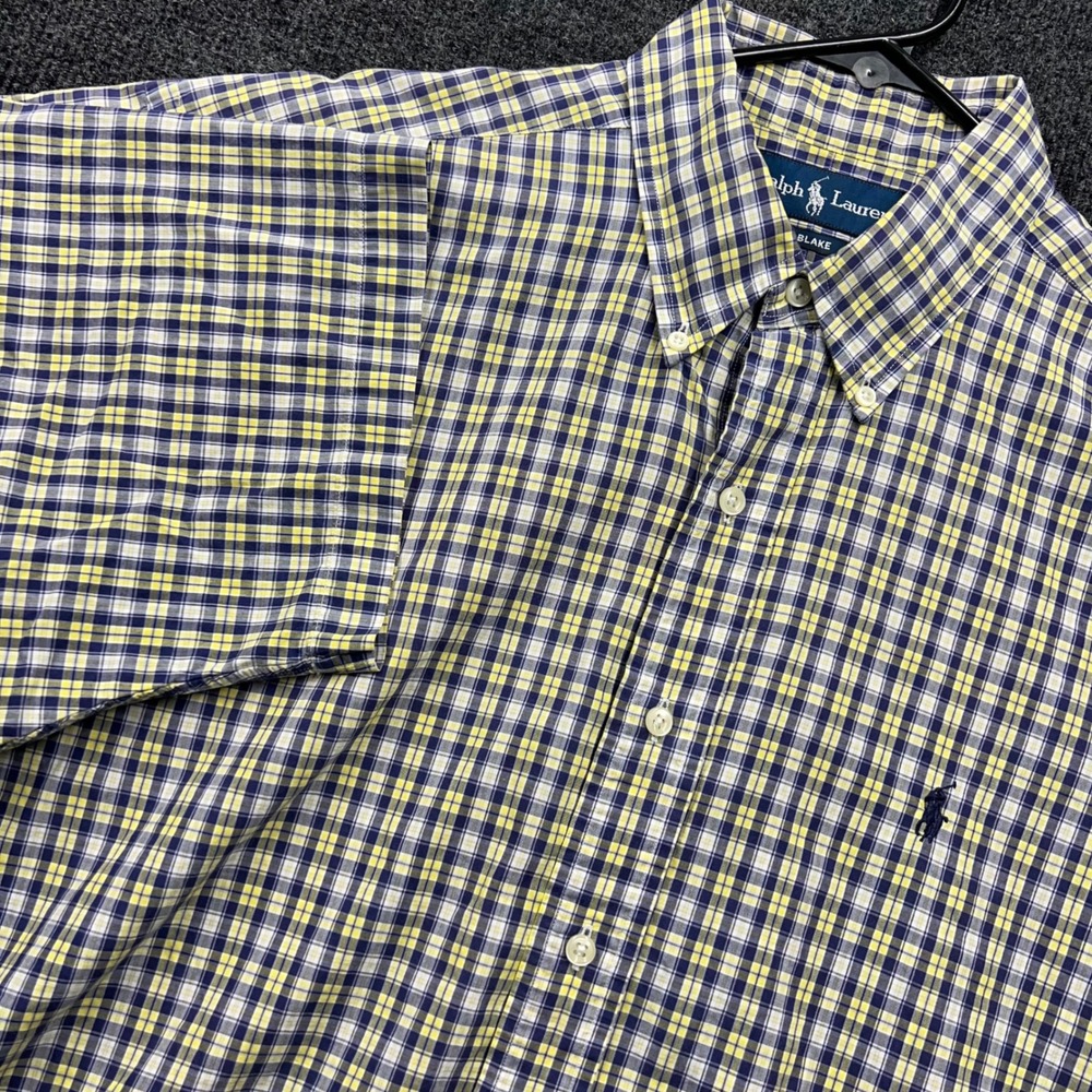 Ralph Lauren Blake Mens Large Short Sleeve Plaid Button Down Shirt Yellow Navy